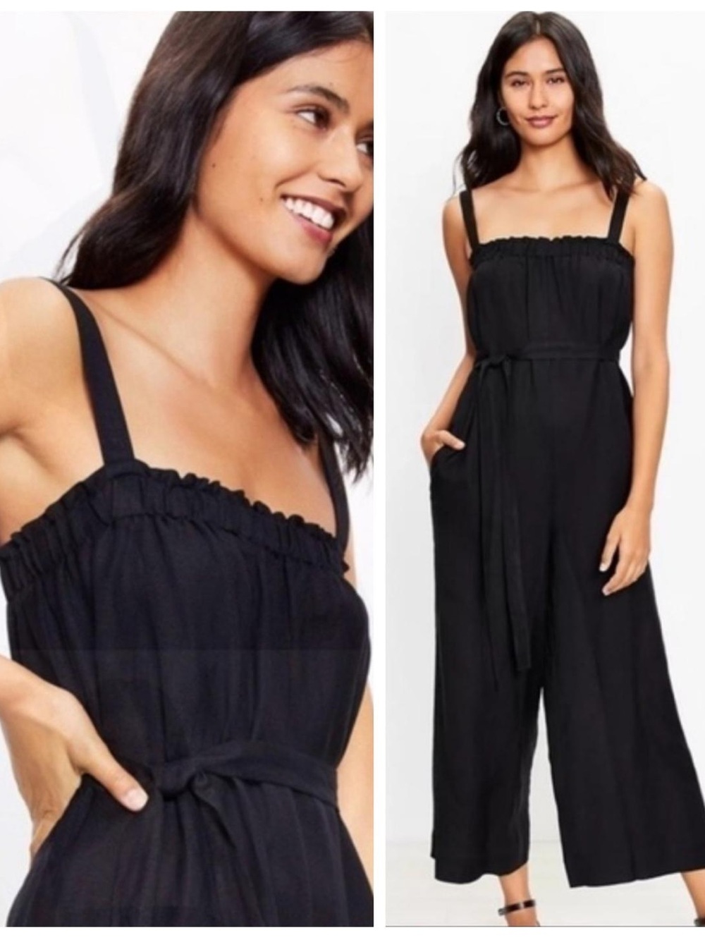 LOFT Black Linen-Blend Wide-Leg Strappy Jumpsuit